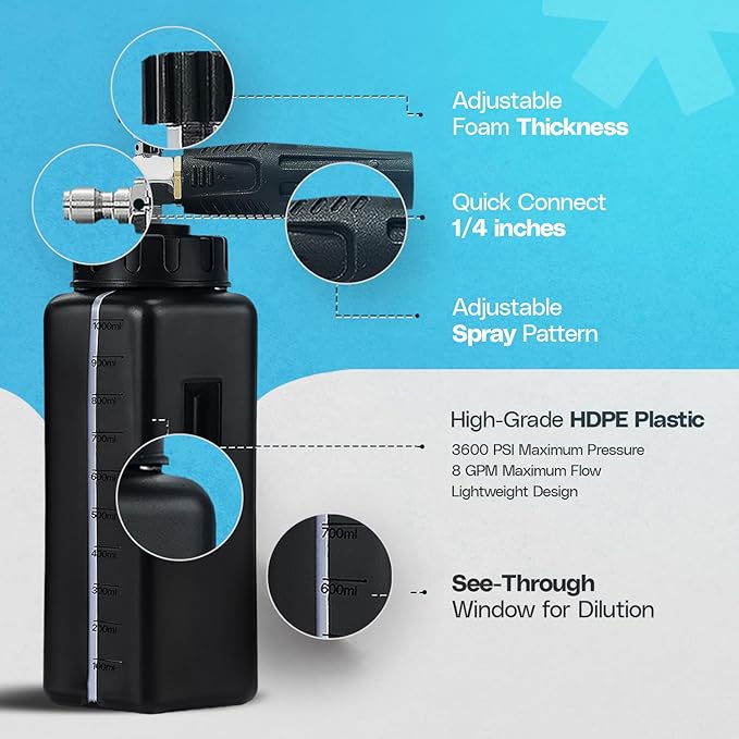 Foam Cannon for Pressure Washer 1.1mm Orifice for Thick Snow Foam Lance | High Performance 1/4'' Quick Connector Adjustable Pressure Washer Soap Attachment Foamer Car Detailing Soap Cannon Wide Mouth