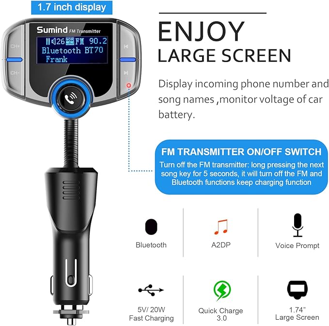 Sumind 2026 Upgraded Wireless Bluetooth Car Adapter FM Transmitter, 1.7'' LCD Display, Flexible Gooseneck, 20W QC3.0&Dual USB Ports, AUX Input/Output for Hands-Free Call, Micro/TF Card(Grey,PD)