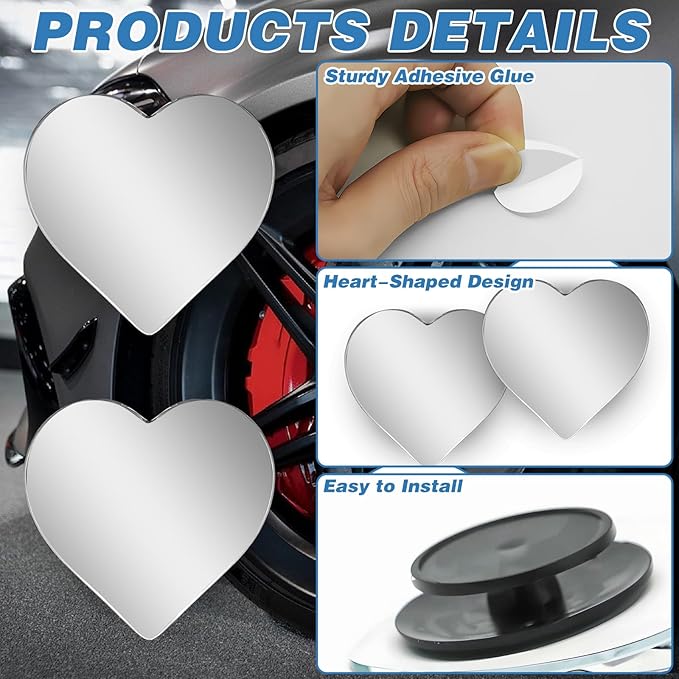 2Pcs Cars Heart Shaped Blind Spot Mirrors Car Side Mirror Blindspot Adjustabe Angle Removable Wide Angle Convex RearView Mirror for Enhanced Safety Universal Fit Stick, Car Accessories for Cars Suvs