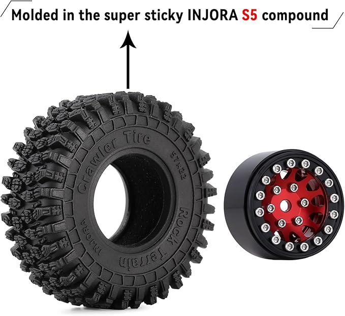 INJORA 1.0 Beadlock Wheel S5 Super Soft Sticky Crawler Tires for TRX4M Axial AX24 SCX24 FCX24 Enduro24 Upgrade, 57 * 22mm(Red)