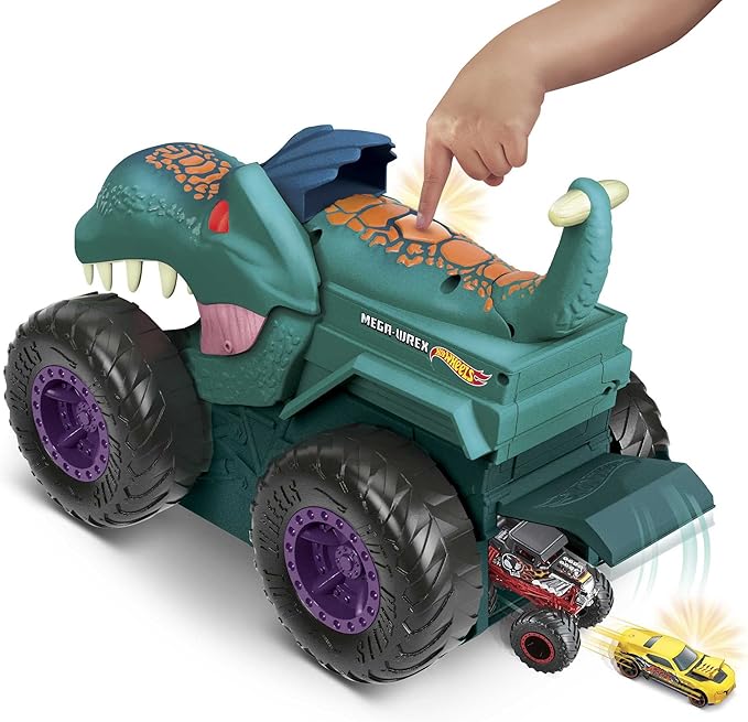 Hot Wheels Monster Trucks Car Chompin' Mega-Wrex, Large Toy Monster Truck & Toy Car, Eats & Poops 1:64 Scale Vehicles, Lights & Sounds
