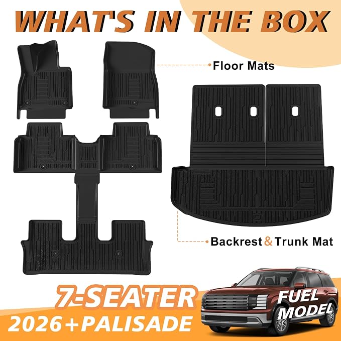 TripleAliners 5PCS All Weather Liners Compatible with 2026 Hyundai Palisade Floor Mats & Trunk Liner & Backrest Mat TPE Trunk Protector Anti-Slip Odorless Carpet Cover (7-Seater, Fuel Model ONLY)