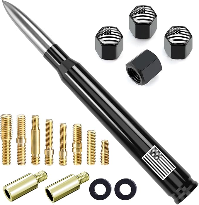 Car Truck Bullet Antenna with Tire Valve Caps American Flag Universal Short Replacement for GMC Sierra Chevy Silverado Dodge Ram 1500 2500 3500 Ford F150 F250 F350 Super Duty Raptor Accessories Silver