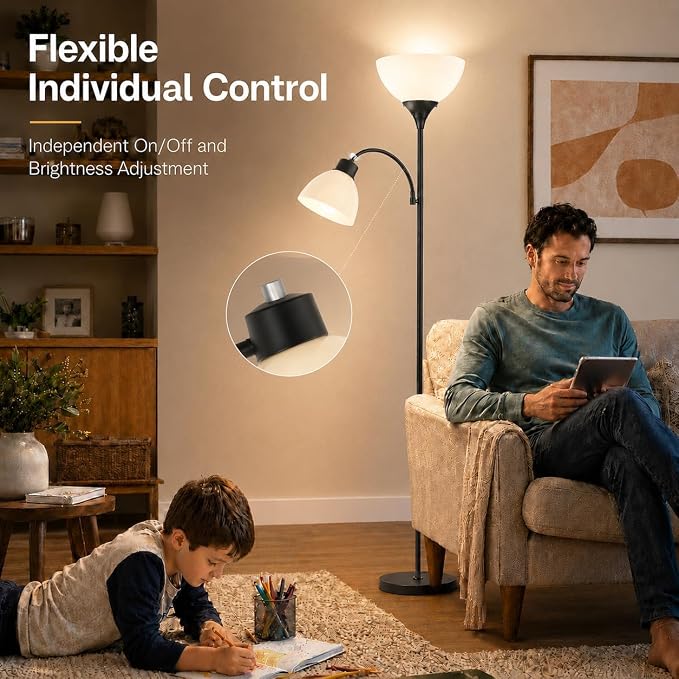 GERGO Led Floor Lamp, Super Bright 11W+7W 2100LM Torchiere Floor Lamps for Living Room, Stepless Adjustable 4 Color Temperatures 3000K-6000K with Remote Control for Bedroom (Matte Black)