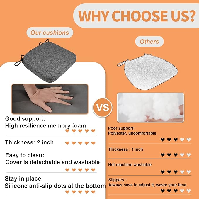 SINOSSO Memory Foam Chair Cushions for Folding Chairs 4 Pack, Thickened 2" Square Pads with Ties for Kitchen Chairs, Indoor Non-Slip Dining Chair Seat Cushions (Set of 4, Red)