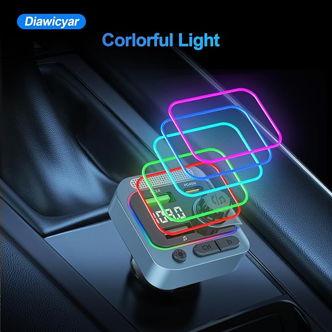 FM Transmitter Bluetooth Car Adapter - 63W Wireless Radio FM Bluetooth Transmitter with Deep Bass Player for Old Cars [PD 45W & QC3.0], Car Charger USB C Fast Charge, Hands-Free Calling, Blue