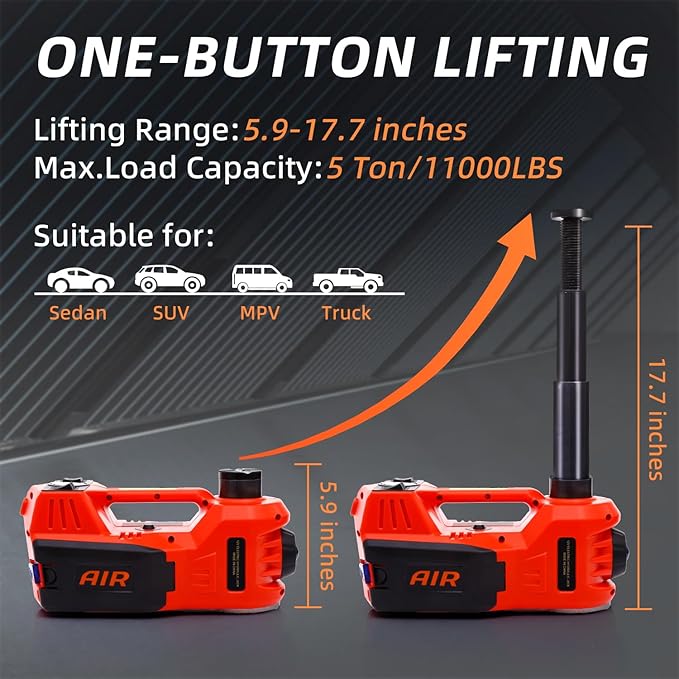 STANDTALL Electric Car Jack Kit 5 Ton 12V Hydraulic Jack Floor Jack with Impact Wrench and Tire Inflator Pump Lift with LED Light for SUV Sedan Truck Road Emergency Tire Change