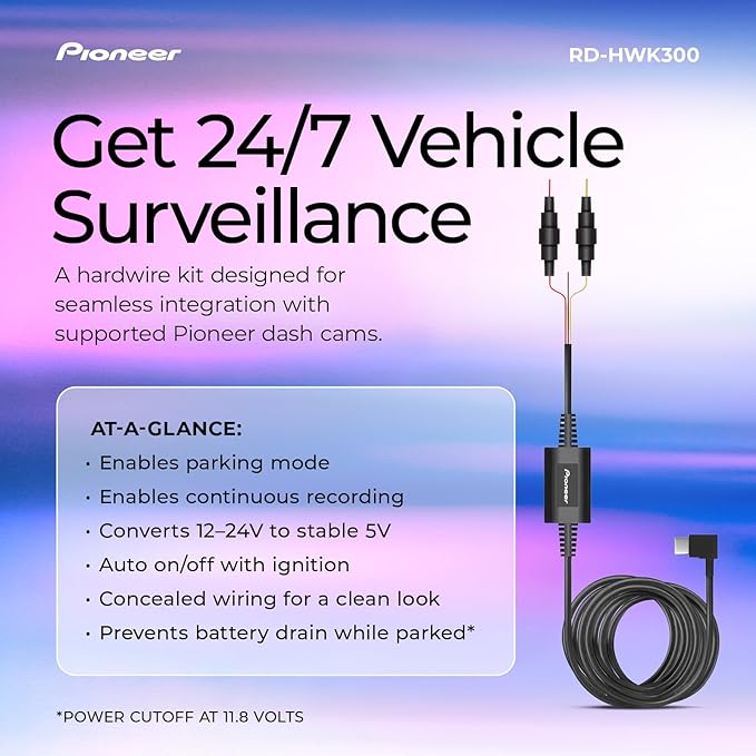 Pioneer RD-HWK300 USB-C Hardwire Kit for Compatible Dash Cams – 12-24V to 5V with Low Voltage Protection, Fuse Safety, Parking Mode Support for Continuous Recording