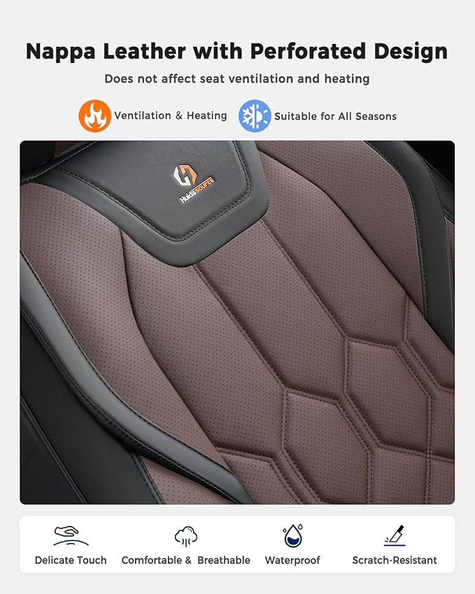 Huidasource Seat Covers Full Set, Universal Fit for Most Cars SUVs Trucks, Full Coverage Leather Seat Cover, Airbag, Cupholder Compatible, Seat Function Retain, Easy Install with Velcro, Black&Coffee