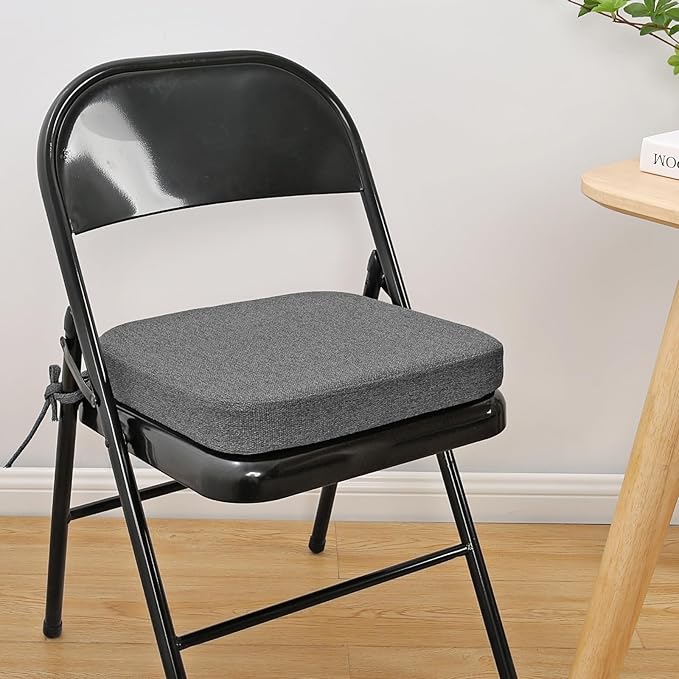 SINOSSO Memory Foam Chair Cushion for Folding Chair 1 Pcs, Thickened 2" Square Kitchen Chair Pad with Ties, Indoor Non-Slip Dining Chair Seat Cushion (1 Piece, Dark Grey)