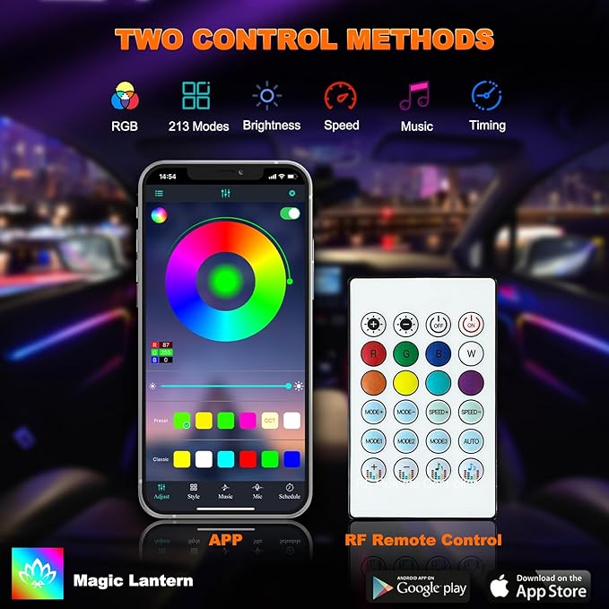 Jushope Interior Car LED Strip Lights, Acrylic LED Lights for Car with Dynamic Dreamcolor Chasing, Ambient Lighting Kits Music Sync Wireless APP and RF Remote Control (2 * 29.5'')