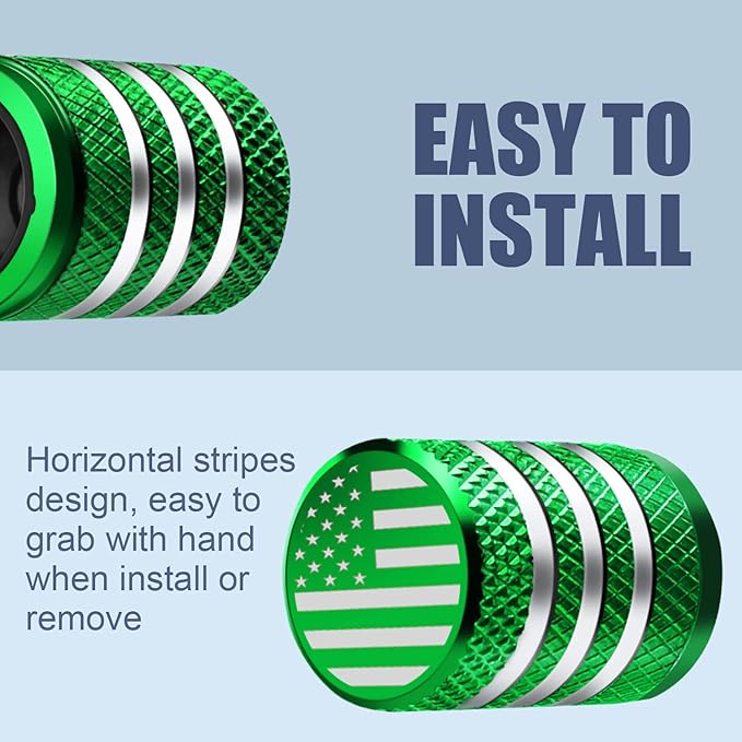 Tire Valve Stem Caps - (5 Pack) Tire Air Cap Metal with Plastic Liner Corrosion Resistant Leak-Proof American Flag for Car Truck Motorcycle Bike Green
