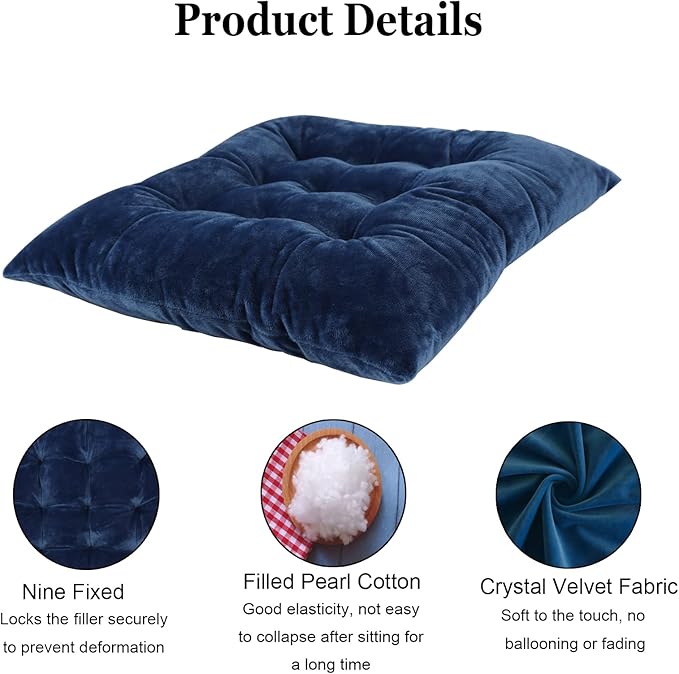 Set of 4 Square Chair Pads Indoor Seat Cushions Pillows with Ties Soft Comfortable Non Slip Chair Mat for Kitchen Dining Office Desk Living Room Outdoor Tatami 15.5" - Blue
