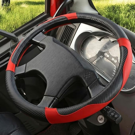 18 Inch Semi Truck Steering Wheel Cover - Carbon Fiber Pattern & Faux Leather, Anti-Slip Grip, Breathable Comfort for Long-Haul Drivers - Black Red