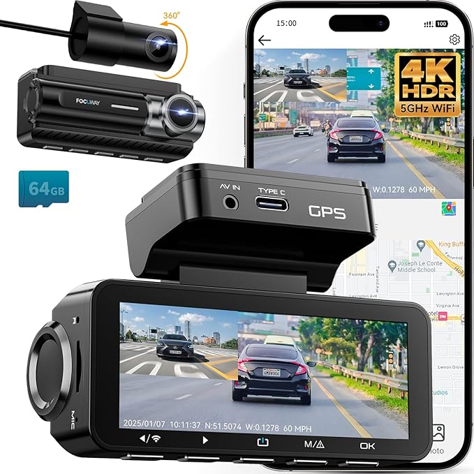 FOCUWAY Dash Cam Front and Rear, Real 4K@30fps/2K@60fps+1080P@30fps Dash Camera for Car, Touchscreen, Voice Control, with GPS WiFi, HDR Night Vision, 64GB Card, 160 Wide Angle, 24H Parking Mode