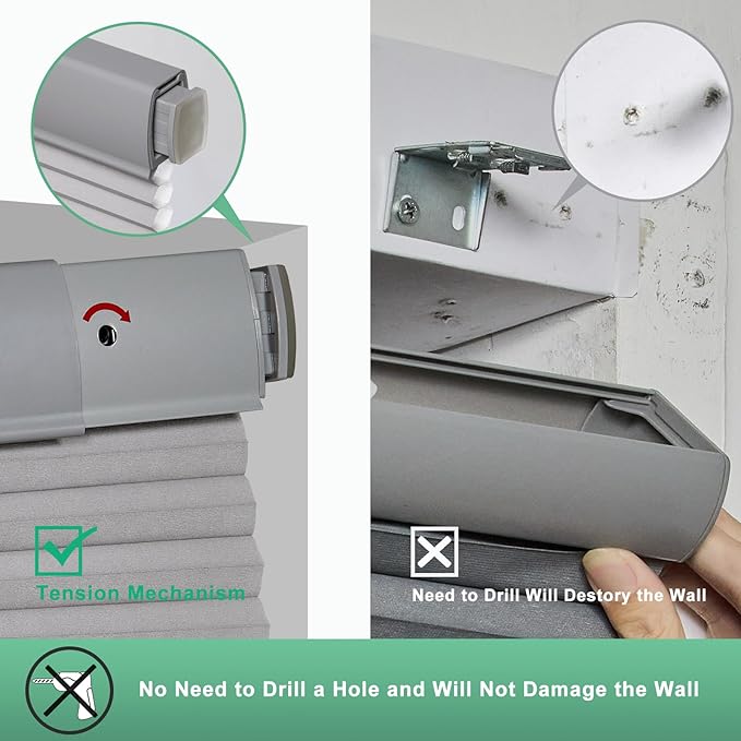 Tonature No Drill Cellular Shades for Indoor Windows, Thermal Insulating & Noise Reducing Honeycomb Blinds, Cordless Free Stop Blinds Light Filtering, Grey,44 1/2" W x 64" H