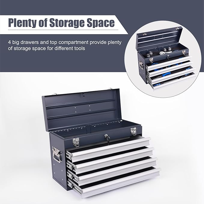 21" Portable 4 Drawer Steel Toolbox, 5 Layers of Tools with Metal Latches, with Top Storage Tray and Carrying Handle, Multi-Function Tool Chest for Garage, Home,or Workbench（grey）