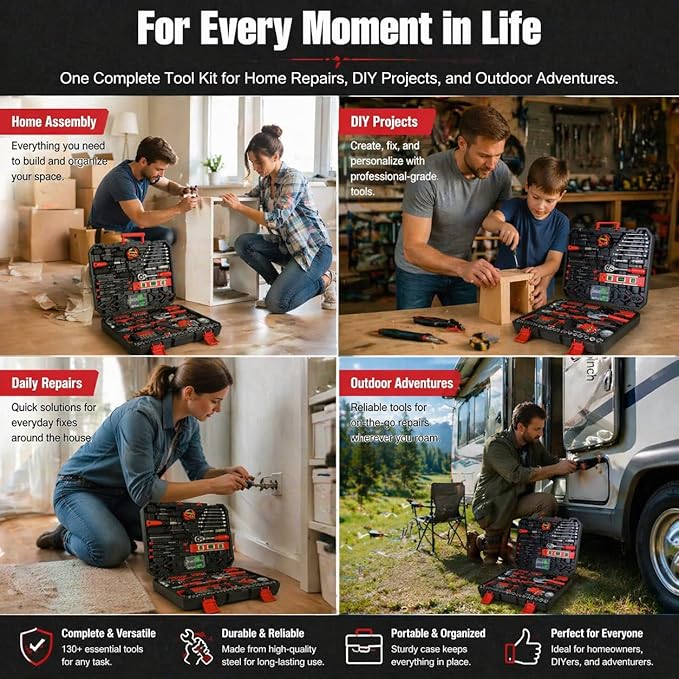 238 Piece Home Repair Tool Kit, Basic Household Hand Tool Set with Portable Hard Case, General Daily Maintenance Tool Box for Homeowner DIY Projects, Black&Red