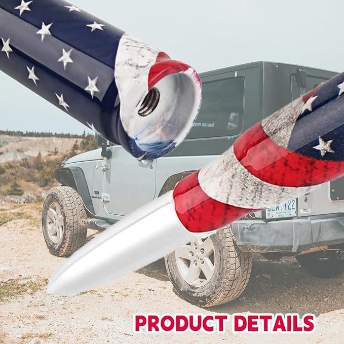 American Flag Car Truck Bullet Antenna with Valve Stem Caps, Universal Antenna Mast for GM Chevy Silverado 1500 2500 3500 HD Avalanche Ford F150 F250 F350 Heavy Duty Pickup Jeep Accessories (Silver)