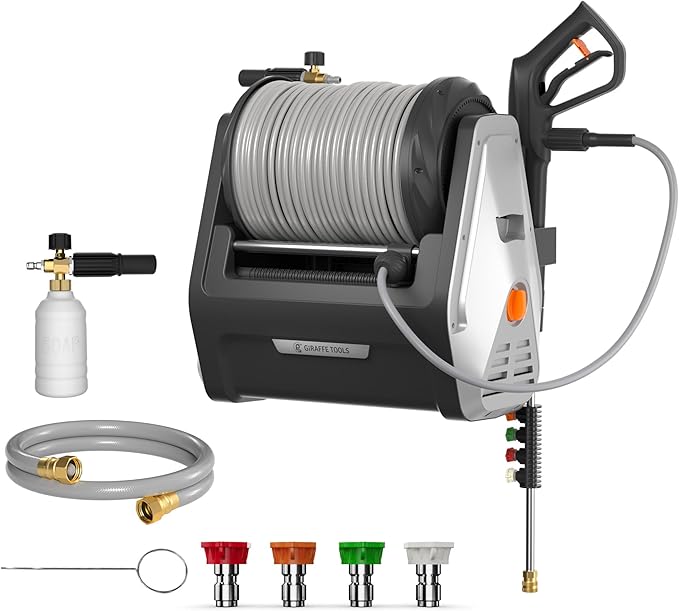 Giraffe Tools Grandfalls Retractable Wall Mount Pressure Washer Plus, Electric Power Washer with 100ft Pressure Hose, Max 2900PSI 2.2 GPM, Automatic Rewind, Any Length Lock, Light Silver