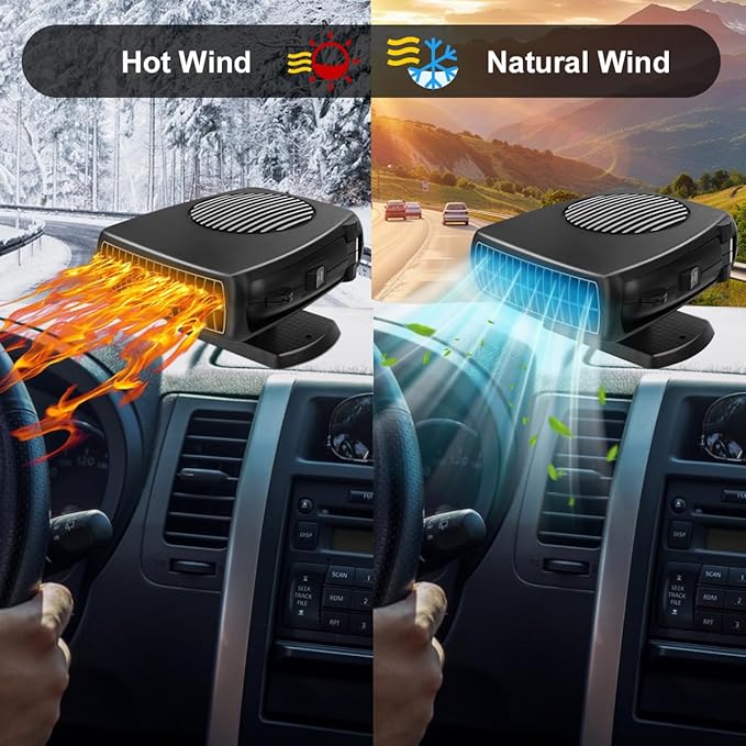 Car Heater, 200W 12V Portable Windshield Defogger and Defroster，2 in 1 Modes Fast Heating &Cooling Fanswith Cigarette Lighter Plug 360 Degree Rotary Base