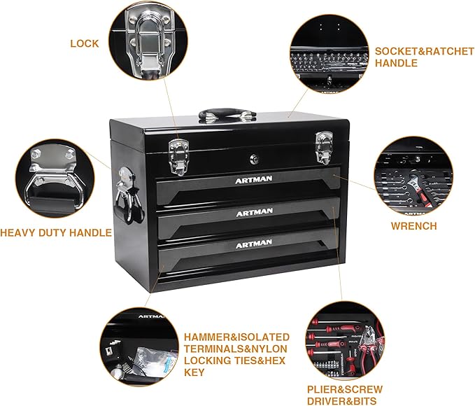 20" Portable 3 Drawer Steel Toolbox,Built in Tool Set,4 Layers of Tools with Metal Latches, with Top Storage Tray and carrying Handle, Multi-Function Tool Storage for Garage, Home,or Workbench