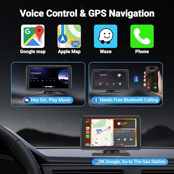 Carplay Wireless Portable Touchscreen Car Stereo Bluetooth Voice Control 7" for Apple Car Play & Android Auto Car Audio HD Screen with 1080p Backup Camera GPS Navigation/Mirror Link Fits All Cars