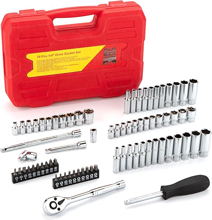 1/4" Drive Socket Set 74-Piece, 1/4” Drive Master Socket Set with Ratchets, 1/4" Drive Bits Set Extensions Bar, Universal Joint (5/32-Inch- 9/16-Inch, 4mm-14mm)