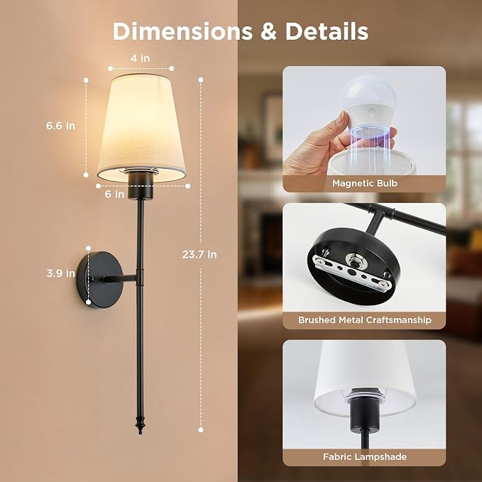 Brightown Battery Operated Wall Sconce Set of 2,Wireless Rechargeable Wall Lights with Dimmable Magnetic Bulbs and Remote for Living Room，12 Colors Black Wall Lamp for Bedroom Hallway Decor