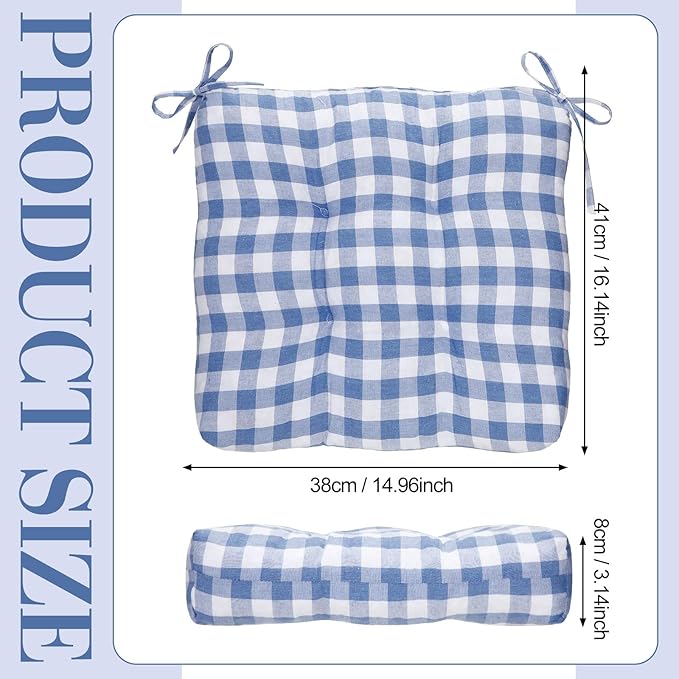 Geetery 4 Pack Chair Cushions for Dining Chairs, 16" x 15" Blue and White Kitchen Chair Cushions with Ties Buffalo Plaid Soft Comfy Seat Pads for Home Office Living Room Outdoor Indoor