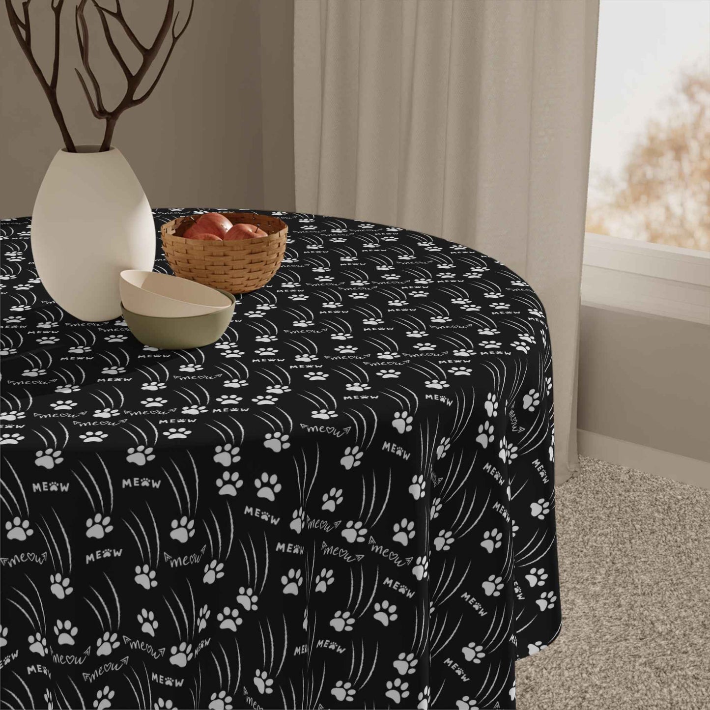 “Black & White Meow Trails” Square Tablecloth