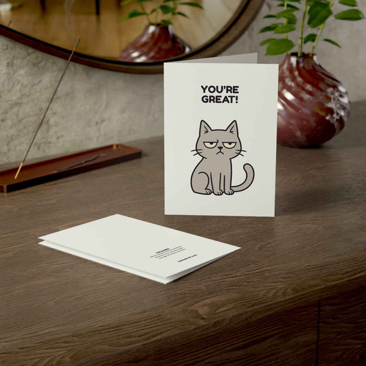 Funny Cat Greeting Card – “You’re Great / My Cat Disagrees” – 10, 30, 50 pc. sets