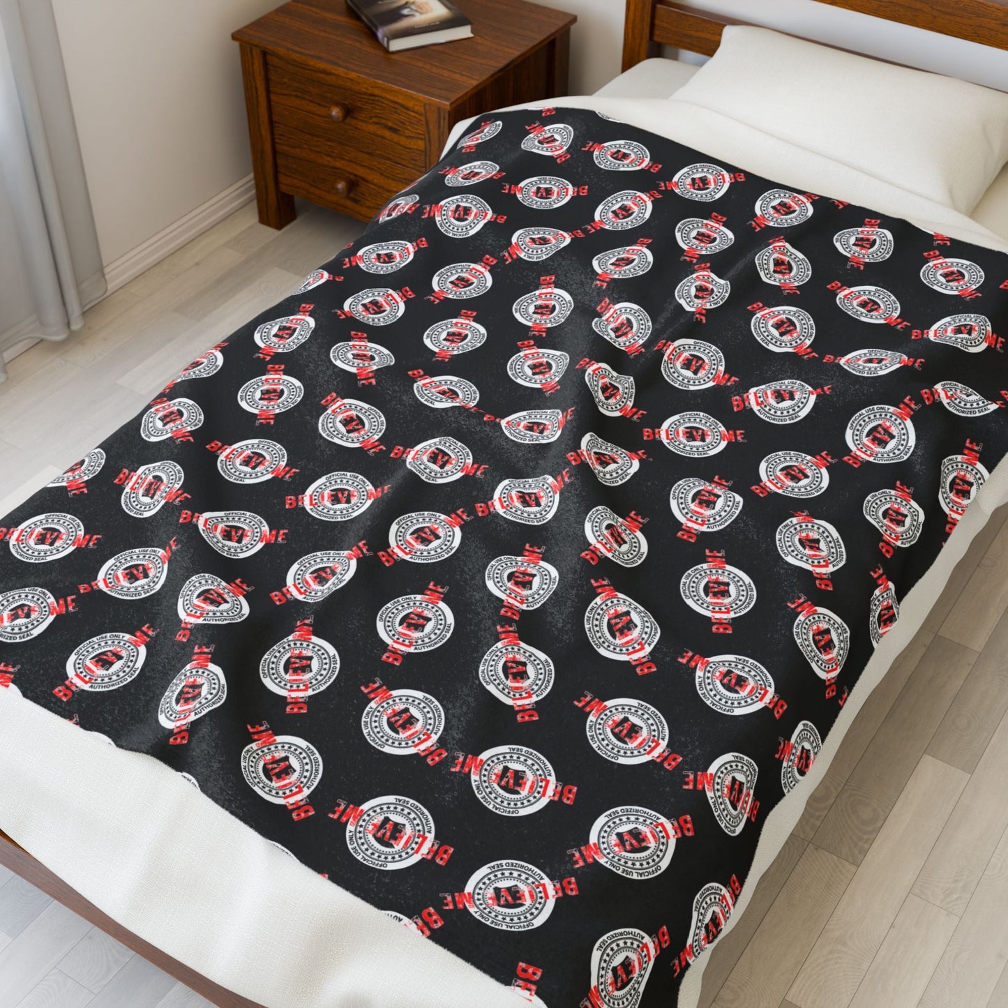 “Believe Me” Official Seal Velveteen Blanket – Political Parody Throw