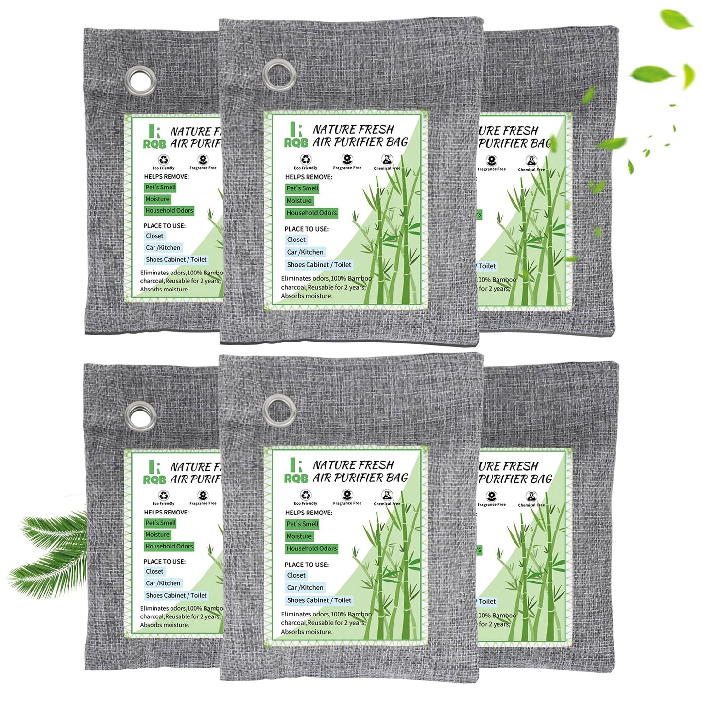 6 Pack Activated Charcoal Odor Absorber. Nature Fresh Bamboo Charcoal Air Purifying Bag Home Closet Air Freshener Deodorizer and Moisture Eliminator Purifier for Closet Shoe Car Air freshener