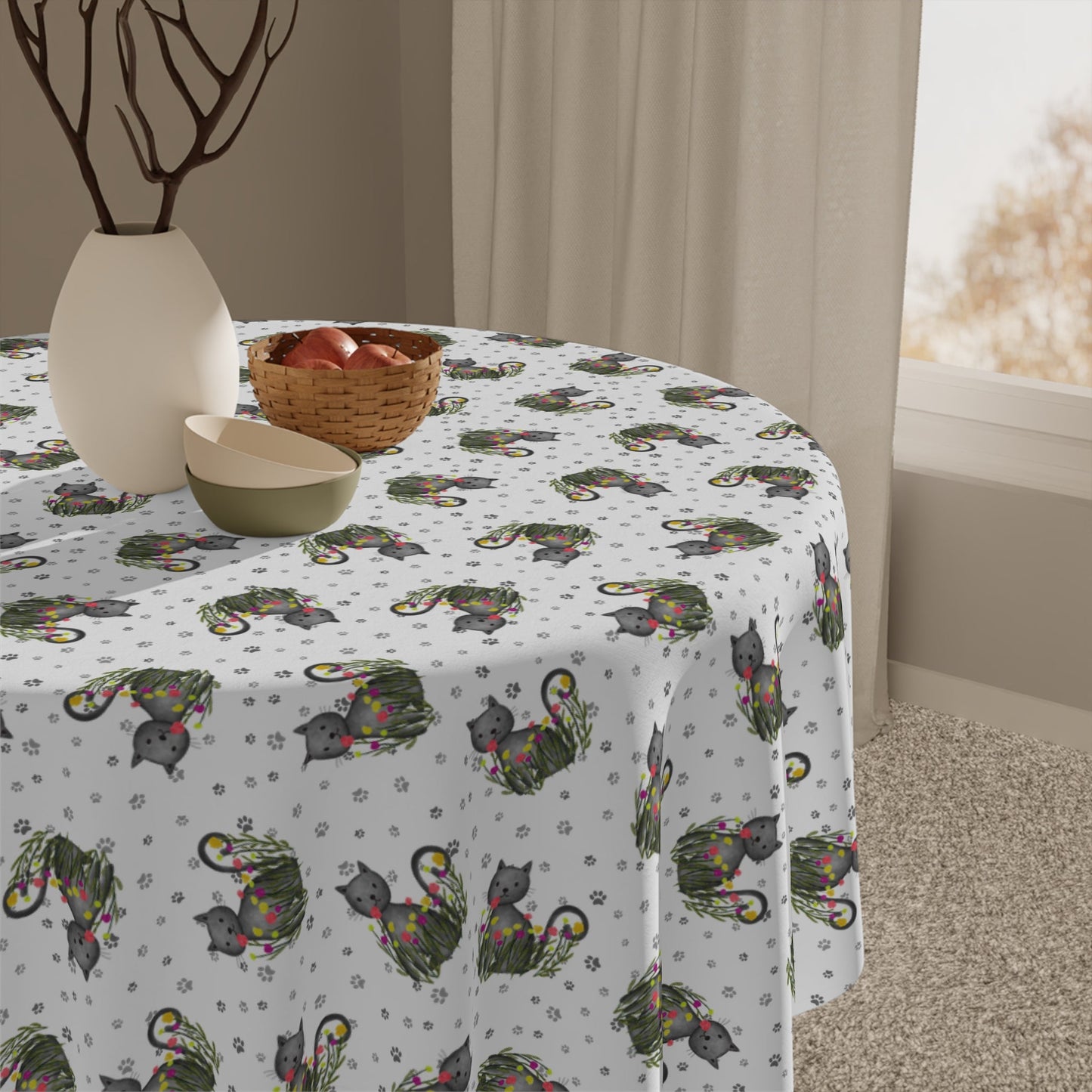 Whimsical Cat Medallion Square Tablecloth – 55" x 55"