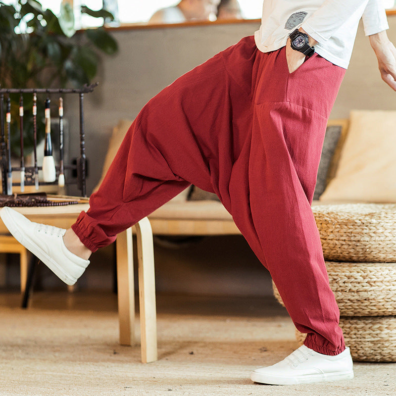 Linen Pants Men's Retro Plus Size Drop Harem Pants