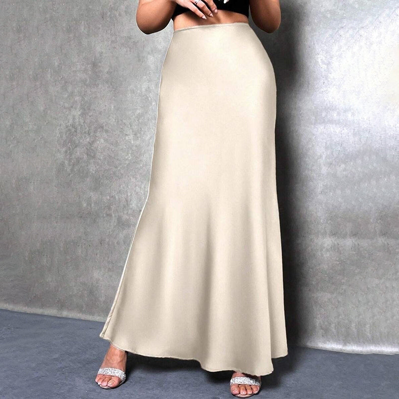 Women's Elegant Satin High Waist Flared Midi Skirt Cocktail Party Wedding Long Skirt