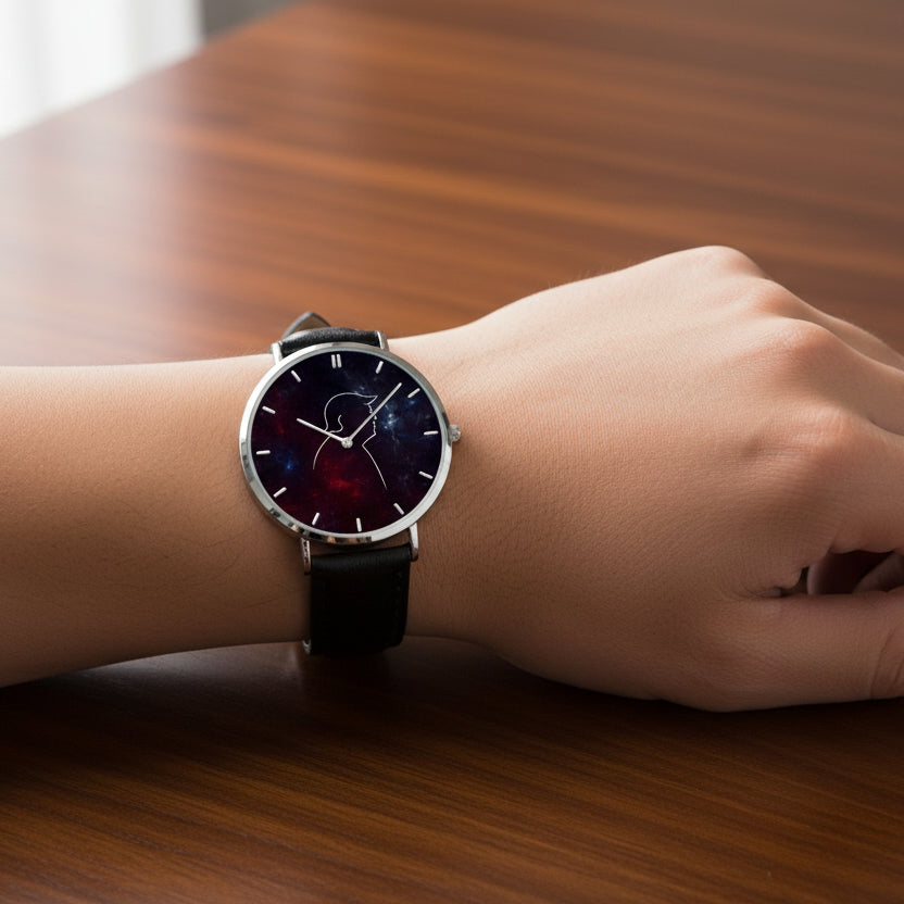 Cosmic Profile Watch – Galaxy Line Art Unisex Leather Band Timepiece