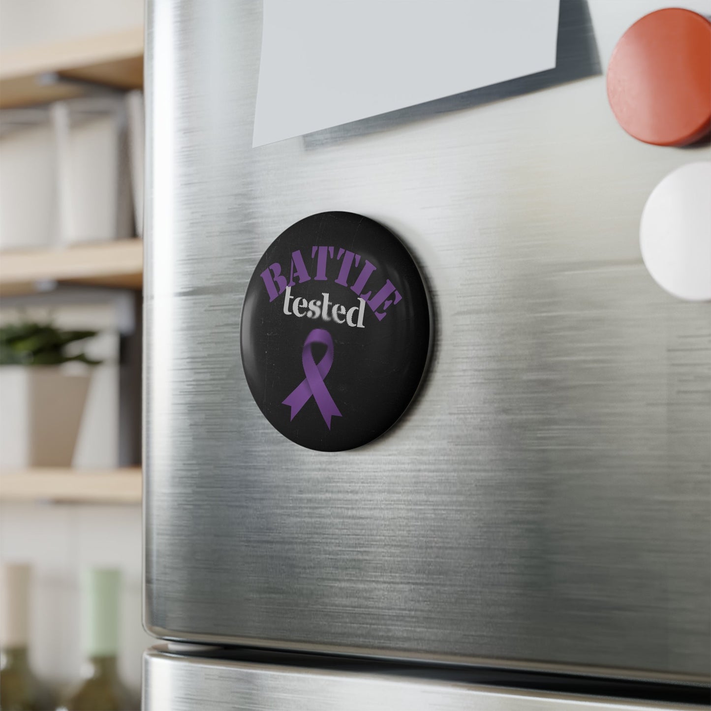 “Battle Tested” Purple Ribbon Awareness Magnet – 2.25” Round Button Magnet