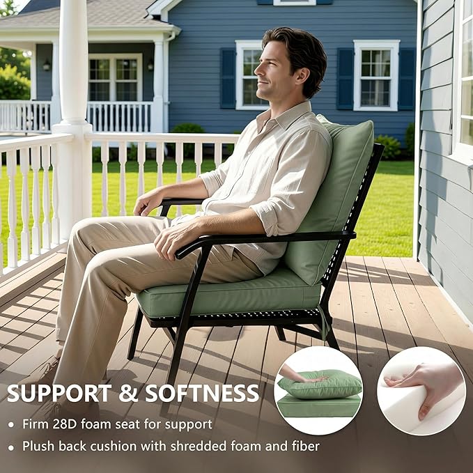 24x24 Inch Outdoor Chair Cushions Set of 2, Patio Furniture Cushions - Removable Cover, Water-Repellent, Fade-Resistant, Non-Slip Bottom & Straps, Replacement for Deep Seat Sofa & Couch - Sage Green
