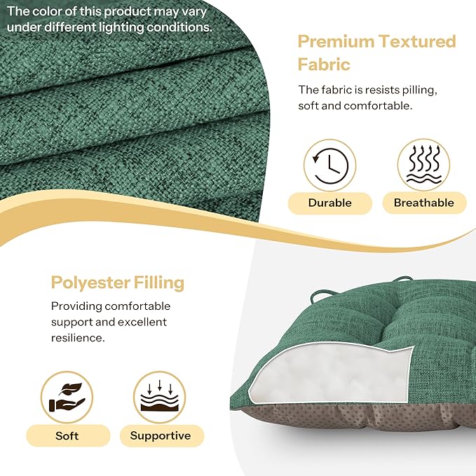 Chair Cushions for Dining Chairs Set of 2 Durable D-Shaped Seat Cushions with Non-Slip Backing Secure Ties Thick Cozy Seat Pad for Kitchen Dining Room Office(18x16.5x3in Green)