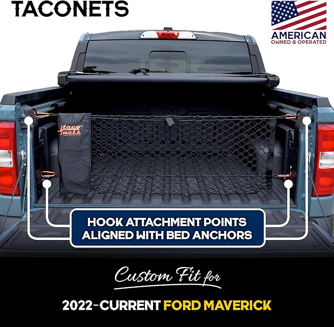 Envelope Cargo Net for Ford Maverick - Fits 2022-Current - Upgraded 5mm Bungee - Integrated Storage Bag - Heavy Duty Carabiners - Designed in USA