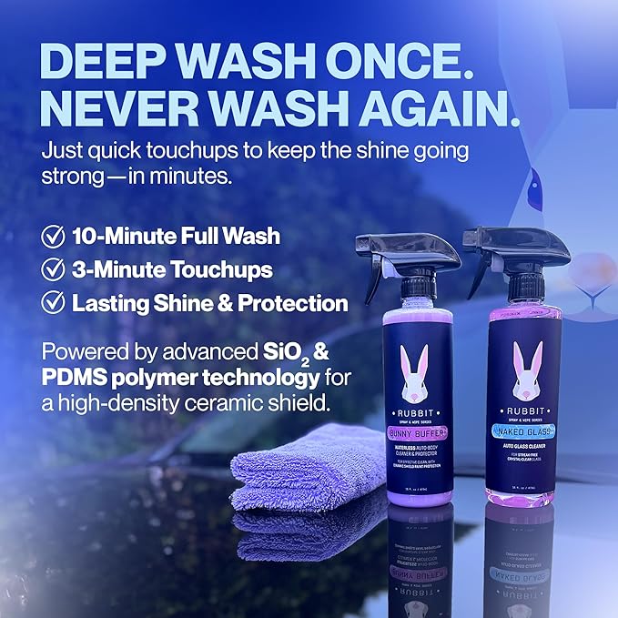 Bunny Buffer Bundle, Waterless SiO2 Ceramic Car Wash & Protect Kit with Auto Body Clean and Protect Spray, Glass Cleaner, & 4 Microfiber Towels, Spray and Wipe Car Detailing Kit, 6 Piece Set