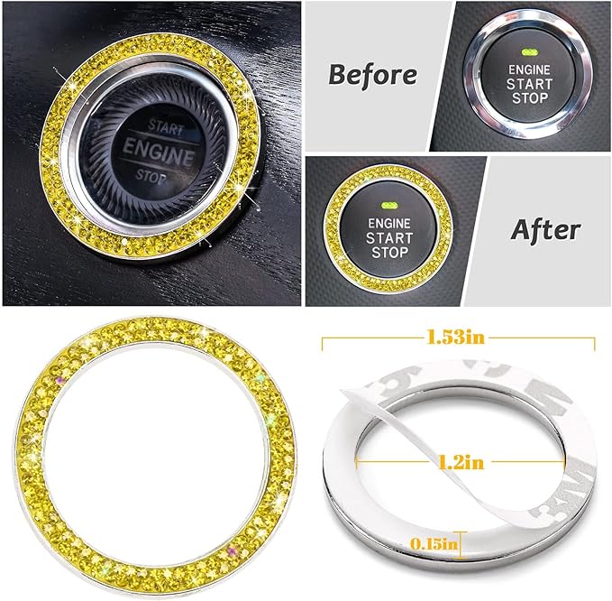 Steering Wheel Cover Set 15 inch,7 Pack Crystal Rhinestone Diamond Yellow Bling Car Accessories Set,Seat Belt Cover,Bling Gear Shift Cover,Puch Start Ring,Car Cup Coaster,Yellow