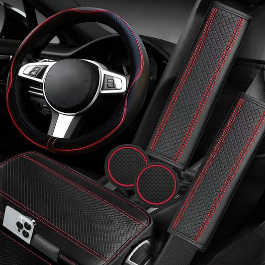 NBTEPEM 6 PCS Car Steering Wheel Cover Set, Microfiber Leather Steering Wheel Covers Universal 14.5-15 inch, Center Console Cover, Seat Belt Cushion, Cup Holder Coaster, Car Accessories Set Red