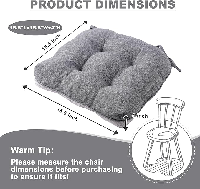 Battilo Chair Cushions Set of 2 for Dining Chairs, Seat Cushions for Kitchen Chairs with Non-Slip Backing, Indoor/Outdoor Waterproof Chair Seat Pads with Ties, 15.5"x15.5"x4", Dark Grey