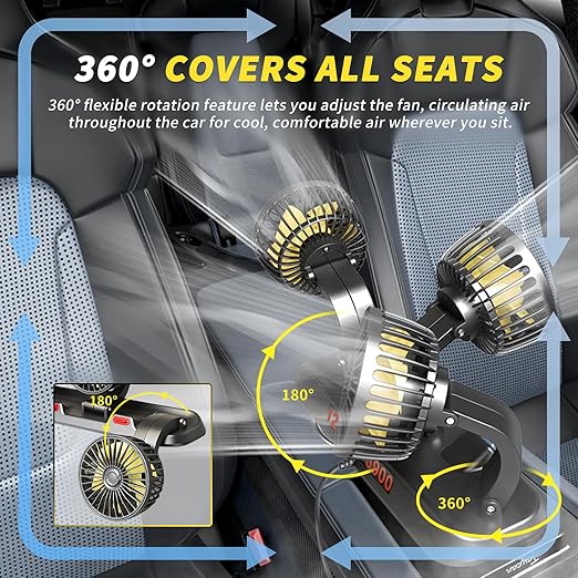 Portable 3-Head Car Cooling Fan - 2-Speed Adjustable, 360° Rotating, Cigarette Lighter Plug, Powerful Airflow for Vehicles, RVs, and SUVs