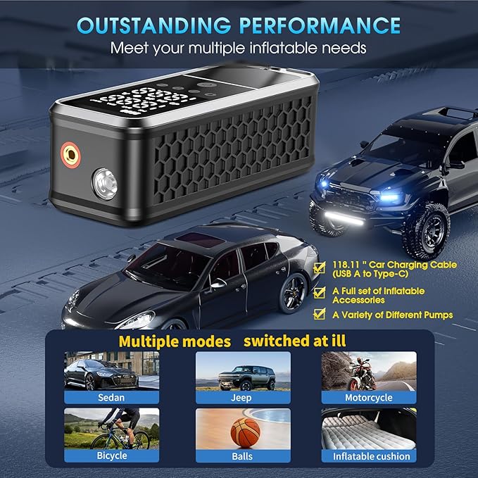 160PSI Tire Inflator Portable Air Compressor, 6000mAh Air Pump for Car Tires Cordless Bike Pump with LED Light&Auto Shut-Off Function Portable Tire Inflator for Car, Motorcycle, Bicycle, Ball