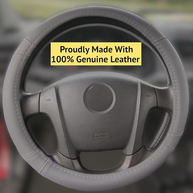 Steering Wheel Cover, Gray, Real Genuine Leather, 15 inch, for Men and Women, Universal, Stretch On, Heat Resistant, Stays Cool, Non-Slip, HANWOLF