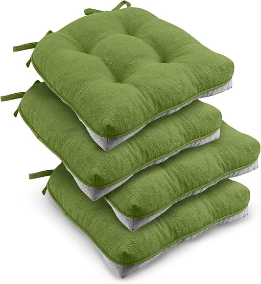 downluxe Indoor Chair Cushions for Dining Chairs, Tufted Overstuffed Textured Kitchen Chair Pads with Ties and Non-Slip Backing, 15.5" x 15.5" x 4", Grass Green, 4 Pack